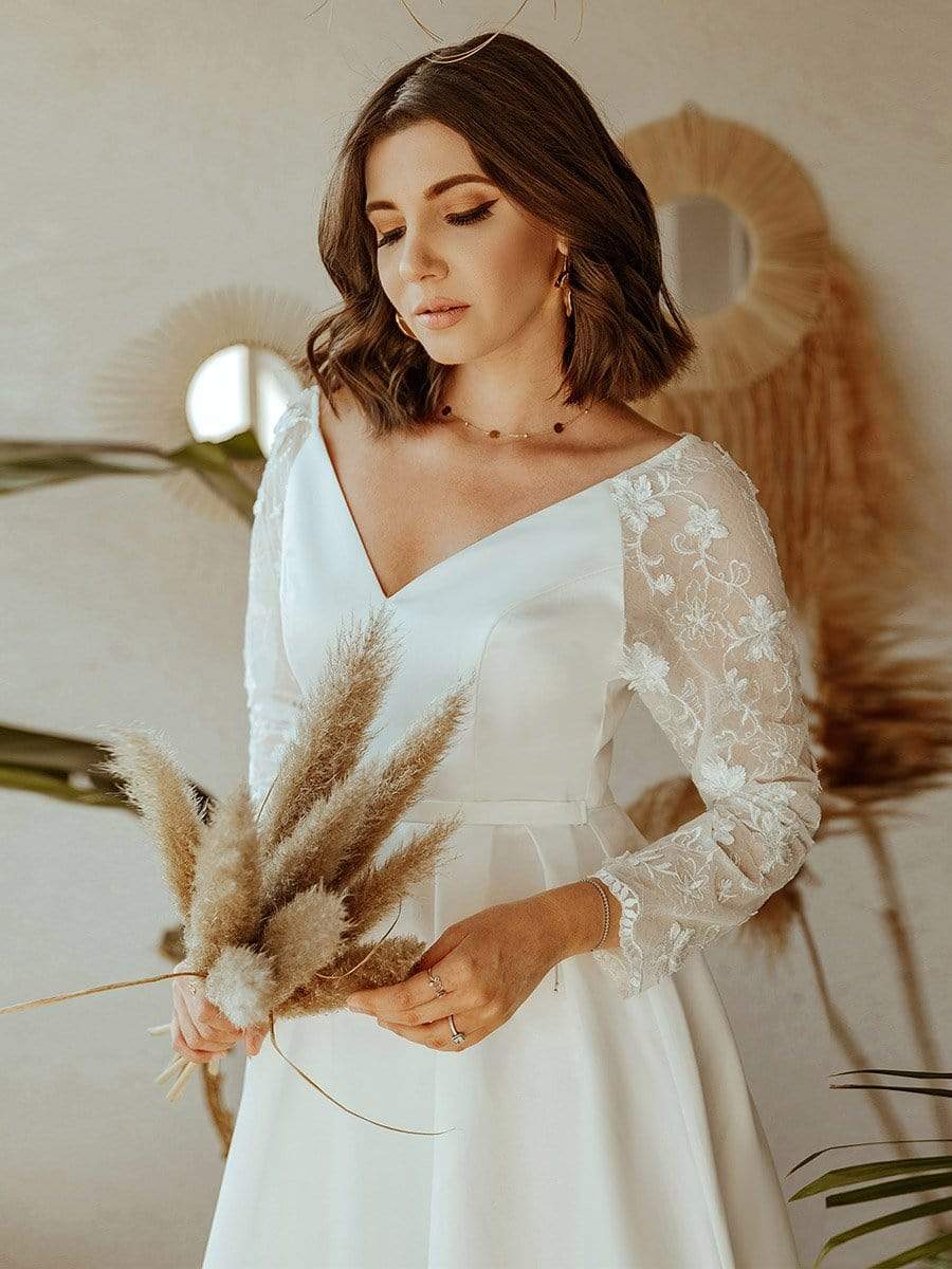 Color=White | Women'S A-Line Lace Long Sleeves Wedding Dress-White 1