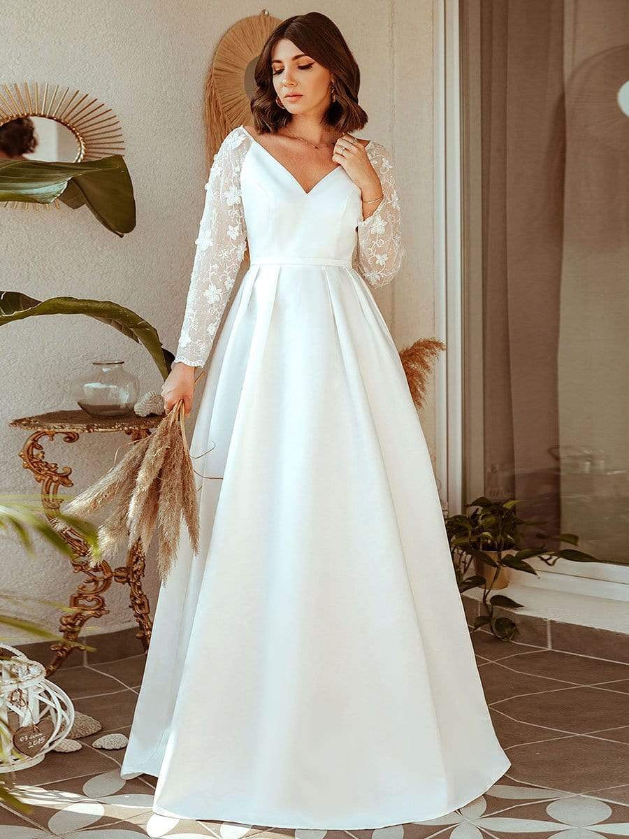 Color=White | Women'S A-Line Lace Long Sleeves Wedding Dress-White 5