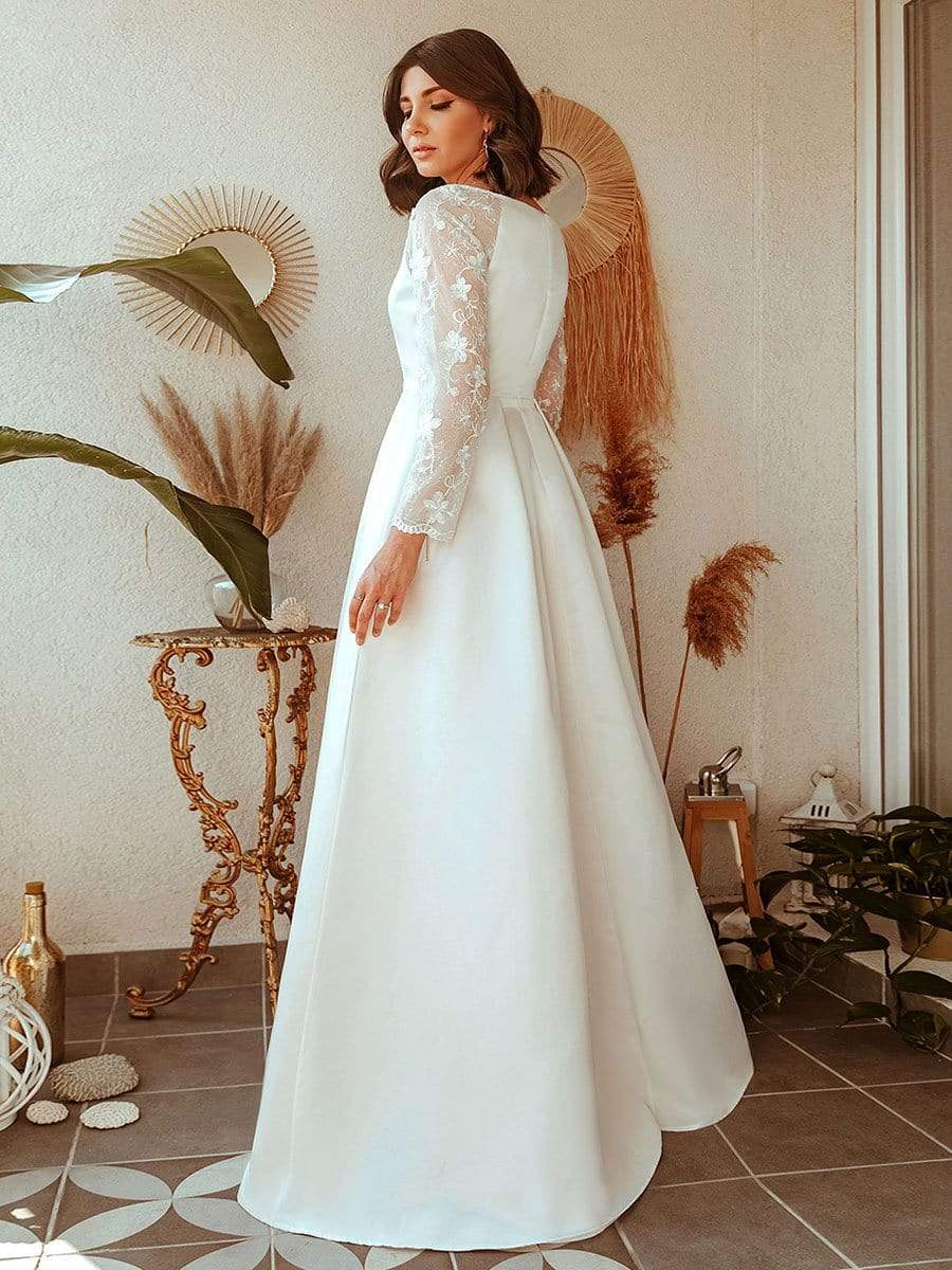 Color=White | Women'S A-Line Lace Long Sleeves Wedding Dress-White 6