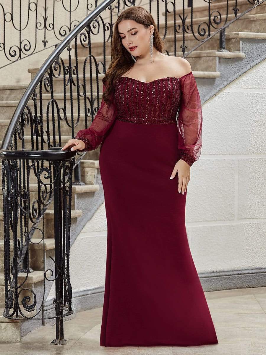Off the Shoulder Plus Size Sequin Evening Gowns With Tulle Sleeve