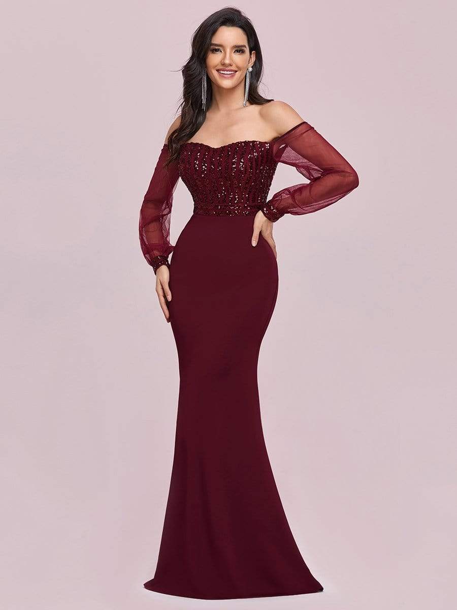 Fashion Off the Shoulder Sequin Evening Gowns With Tulle Sleeve