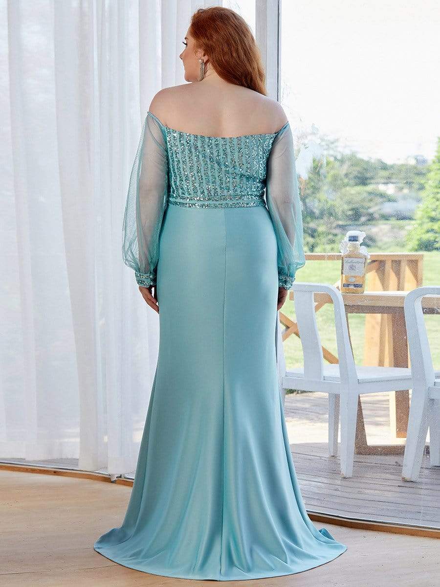 Off the Shoulder Plus Size Sequin Evening Gowns With Tulle Sleeve #color_Dusty Blue