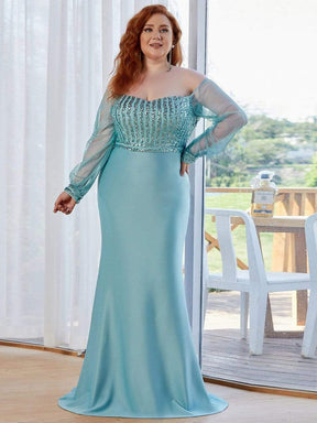 Off the Shoulder Plus Size Sequin Evening Gowns With Tulle Sleeve