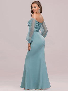 Fashion Off the Shoulder Sequin Evening Gowns With Tulle Sleeve