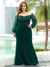 Off the Shoulder Plus Size Sequin Evening Gowns With Tulle Sleeve #color_Dark Green