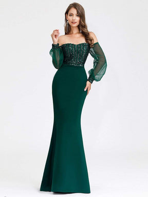 Fashion Off the Shoulder Sequin Evening Gowns With Tulle Sleeve