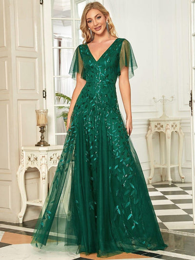 Stunning V Neck Long Wedding Guest Dress with Ruffle Sleeves #color_Dark Green