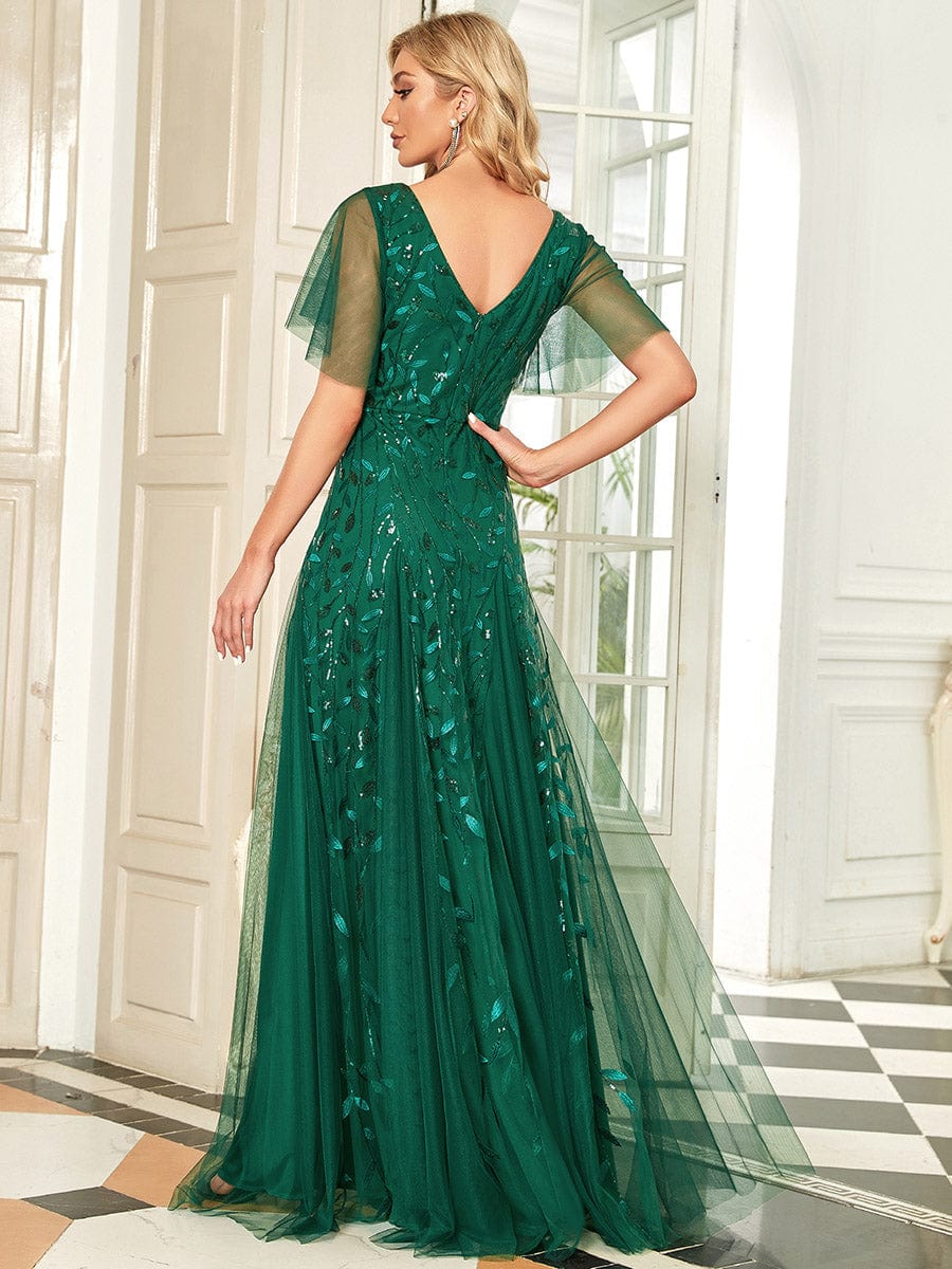 Custom Size Romantic Shimmery V Neck Ruffle Sleeves Maxi Long Evening Gowns #color_Dark Green