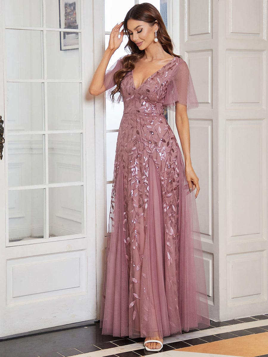 Custom Size Romantic Shimmery V Neck Ruffle Sleeves Maxi Long Evening Gowns #color_Purple Orchid