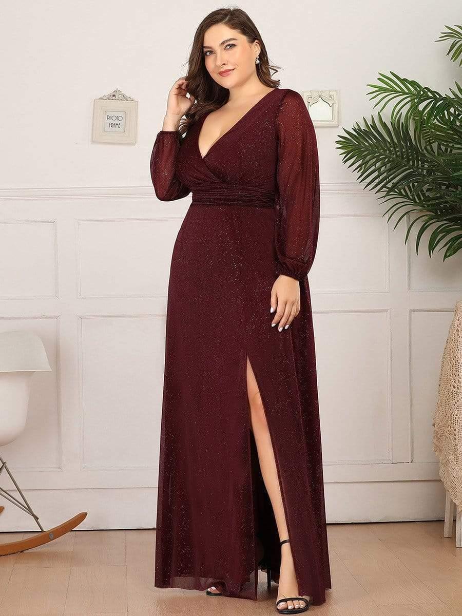 Women's Sexy V-Neck Shiny Plus Size Evening Dresses with Long Sleeve