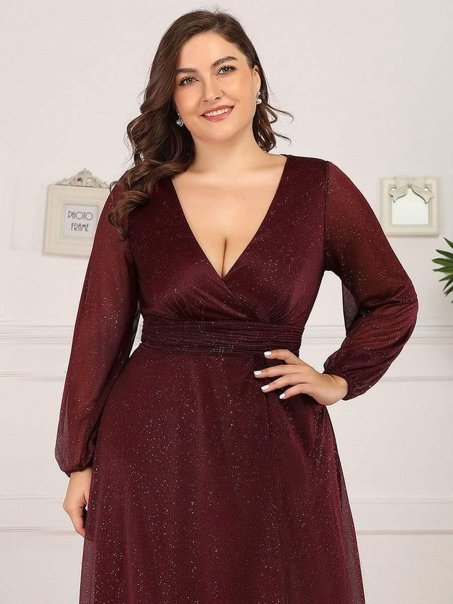 Women's Sexy V-Neck Shiny Plus Size Evening Dresses with Long Sleeve #color_Burgundy