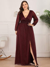 Women's Sexy V-Neck Shiny Plus Size Evening Dresses with Long Sleeve #color_Burgundy