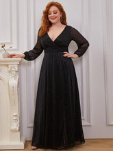 Women's Sexy V-Neck Shiny Plus Size Evening Dresses with Long Sleeve #color_Black