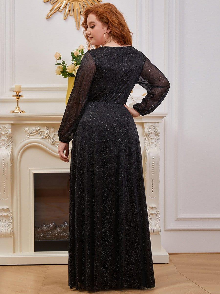 Women's Sexy V-Neck Shiny Plus Size Evening Dresses with Long Sleeve #color_Black