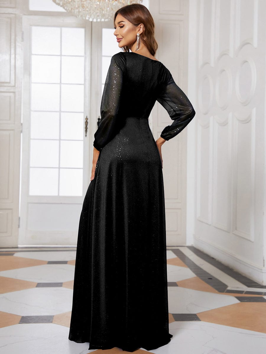 Women's Sexy V-Neck Shiny Evening Dresses with Long Sleeve #color_Black