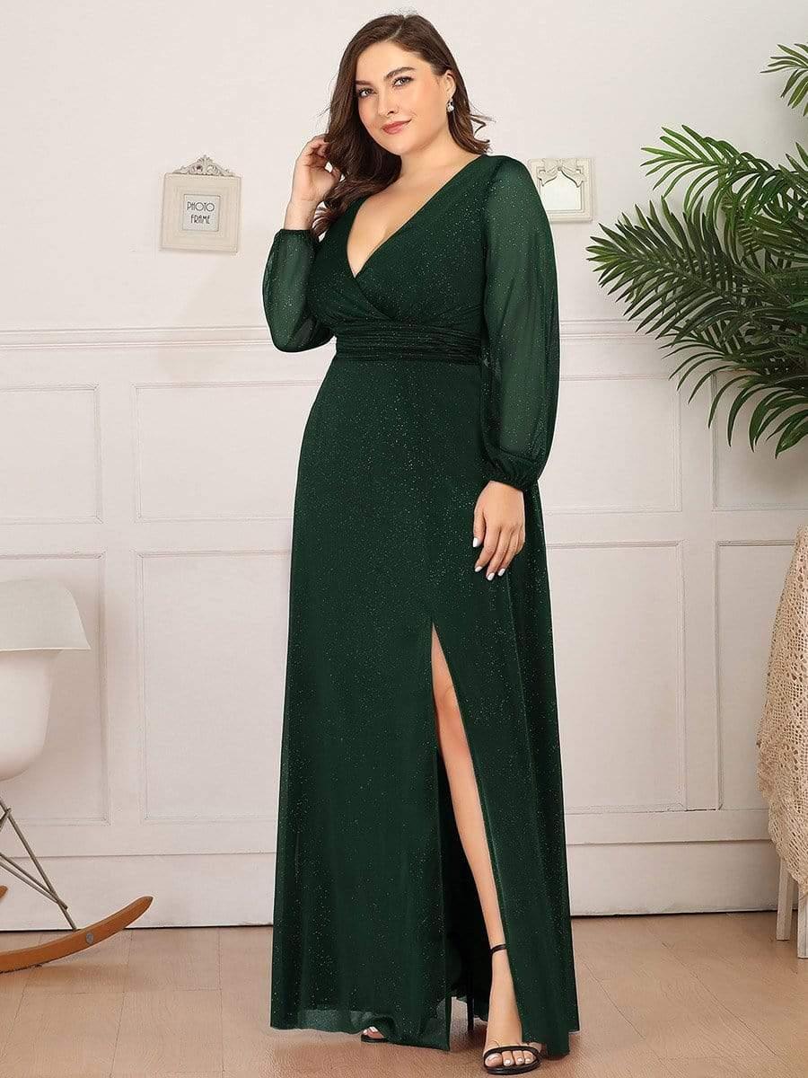 Women's Sexy V-Neck Shiny Plus Size Evening Dresses with Long Sleeve #color_Dark Green