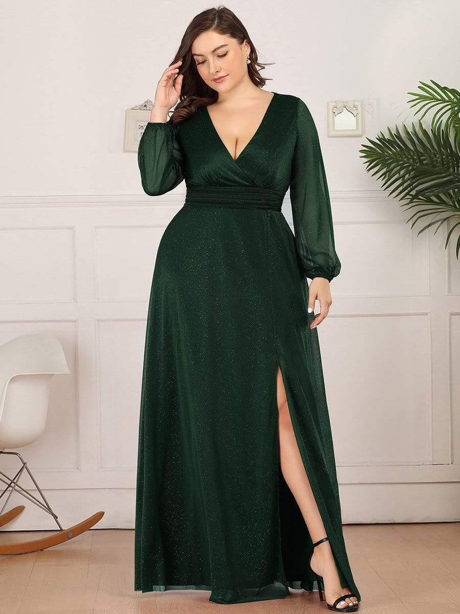 Women's Sexy V-Neck Shiny Plus Size Evening Dresses with Long Sleeve #color_Dark Green