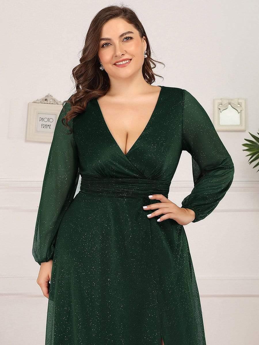 Women's Sexy V-Neck Shiny Plus Size Evening Dresses with Long Sleeve #color_Dark Green