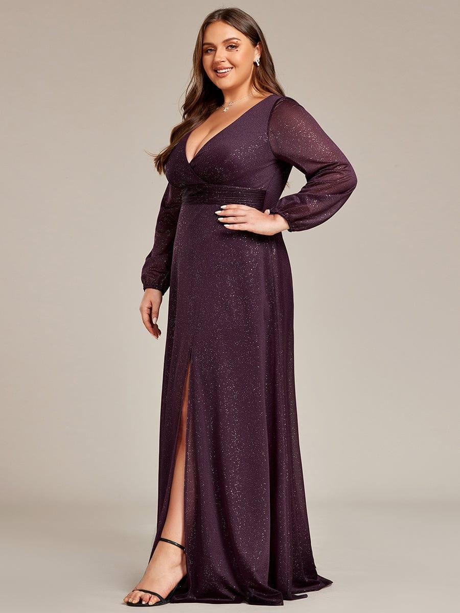Women's Sexy V-Neck Shiny Plus Size Evening Dresses with Long Sleeve #color_Dark Purple