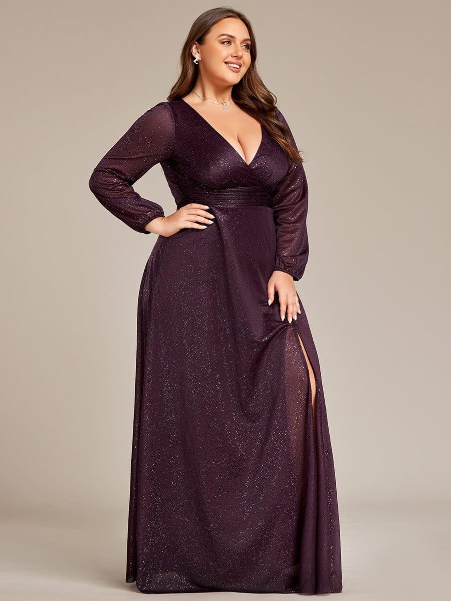 Women's Sexy V-Neck Shiny Plus Size Evening Dresses with Long Sleeve