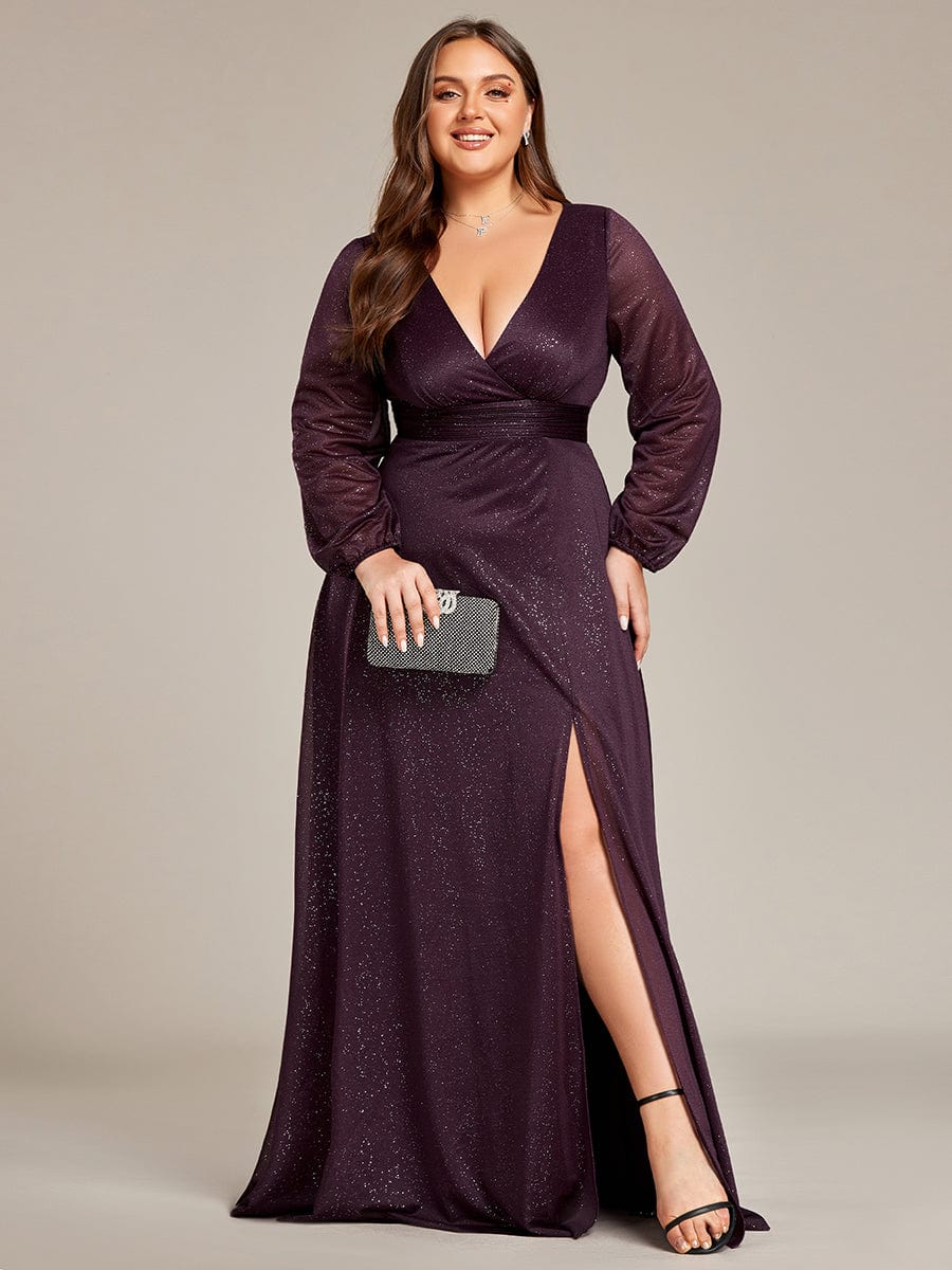 Women's Sexy V-Neck Shiny Evening Dresses with Long Sleeve