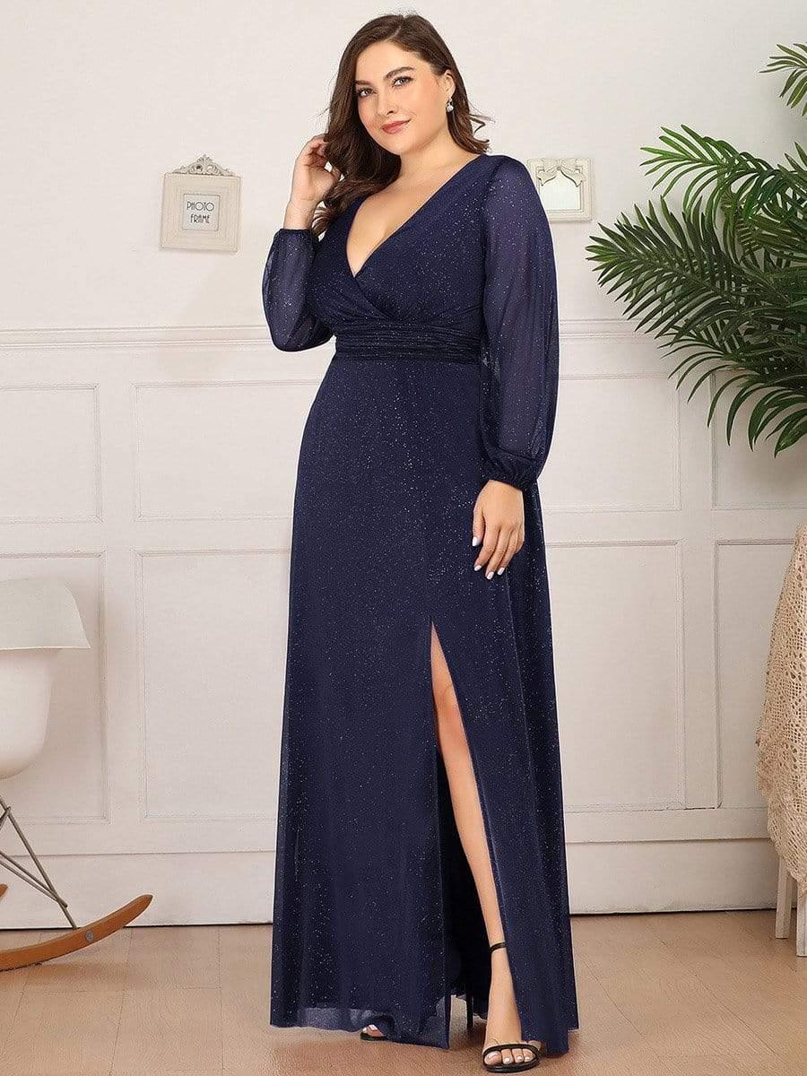 Women's Sexy V-Neck Shiny Plus Size Evening Dresses with Long Sleeve #color_Navy Blue