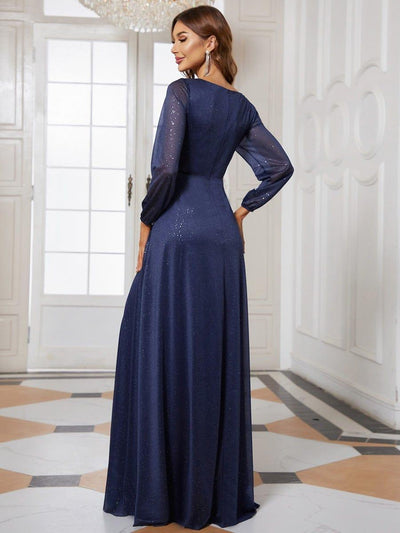 Women's Sexy V-Neck Shiny Evening Dresses with Long Sleeve #color_Navy Blue