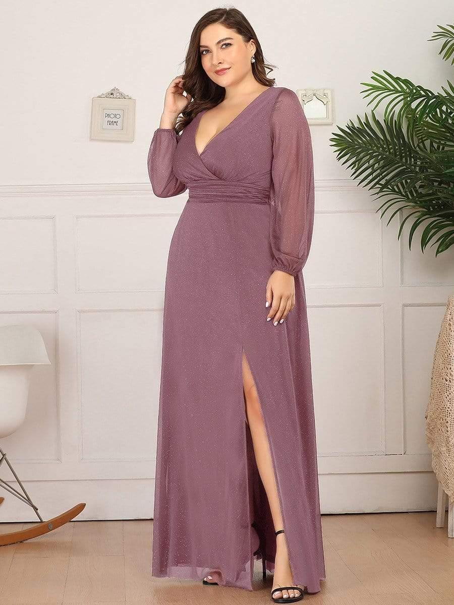 Women's Sexy V-Neck Shiny Plus Size Evening Dresses with Long Sleeve #color_Purple Orchid