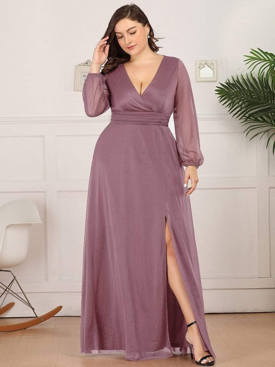 Women's Sexy V-Neck Shiny Plus Size Evening Dresses with Long Sleeve #color_Purple Orchid