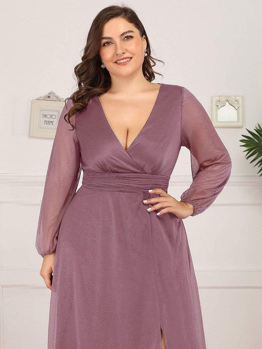 Women's Sexy V-Neck Shiny Plus Size Evening Dresses with Long Sleeve #color_Purple Orchid