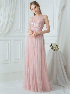 Elegant See Through Round Neck Tulle Applique Bridesmaid Dress