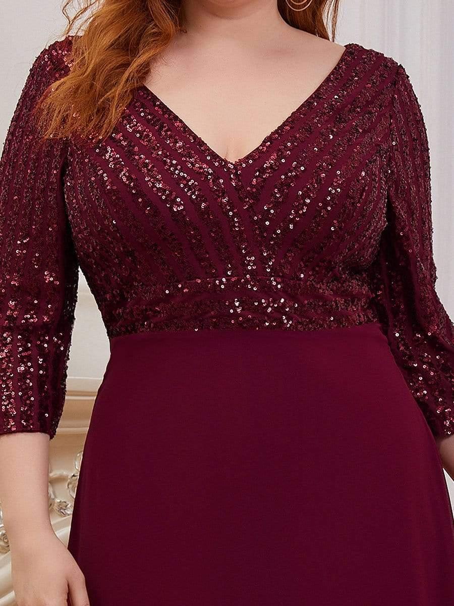 Plus Size Sexy V Neck A-Line Sequin Evening Dress with Sleeve