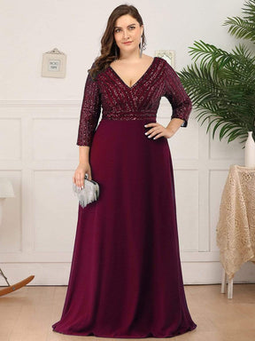 Plus Size Sexy V Neck A-Line Sequin Evening Dress with Sleeve