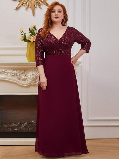 Plus Size Sexy V Neck A-Line Sequin Evening Dress with Sleeve #color_Burgundy
