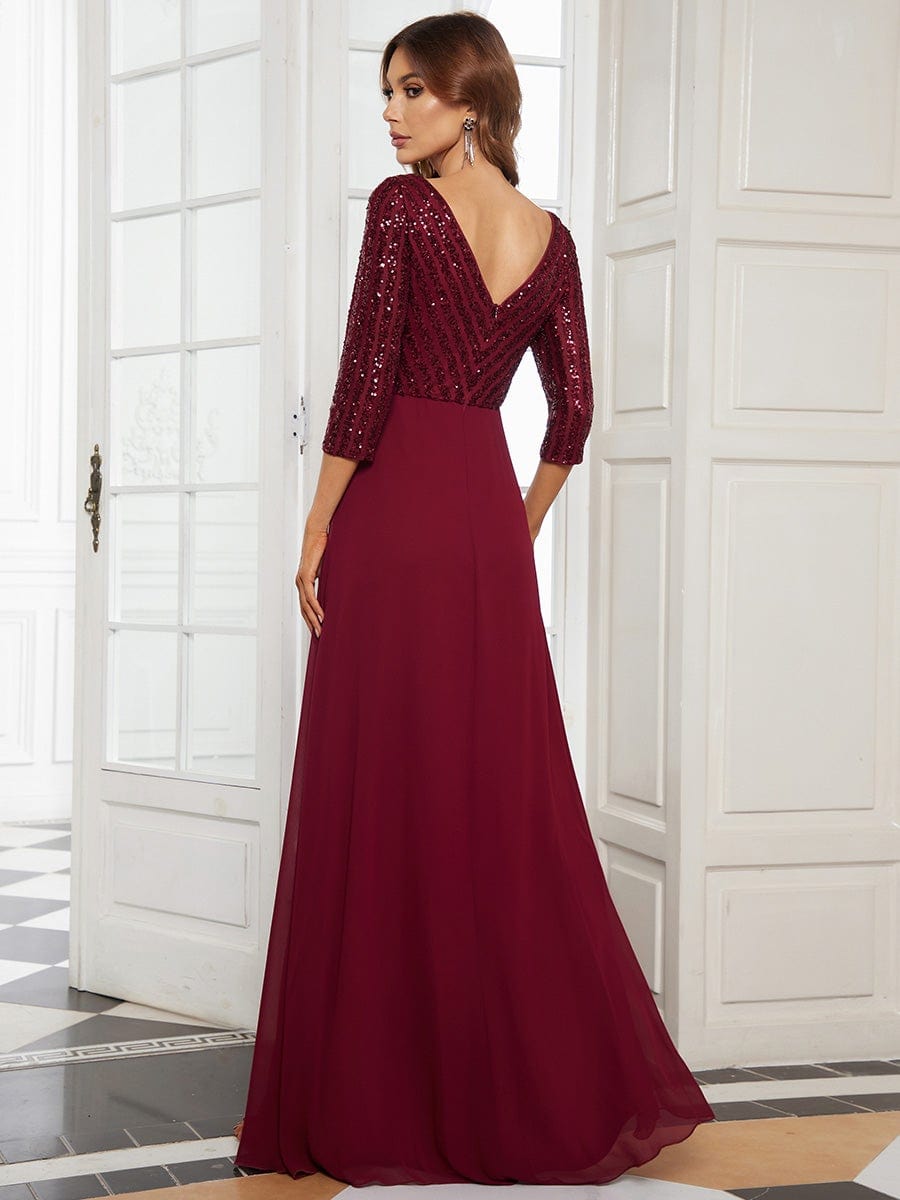 Custom Size Sexy V Neck A-Line Sequin Evening Dresses with 3/4 Sleeve #color_Burgundy