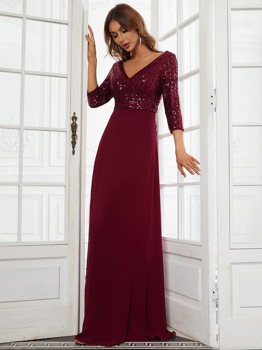 Custom Size Sexy V Neck A-Line Sequin Evening Dresses with 3/4 Sleeve #color_Burgundy