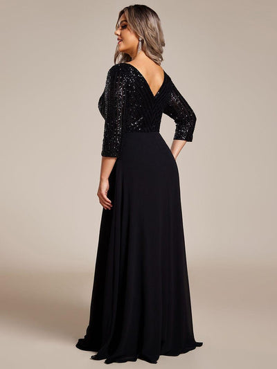 Plus Size Sexy V Neck A-Line Sequin Evening Dress with Sleeve #color_Black
