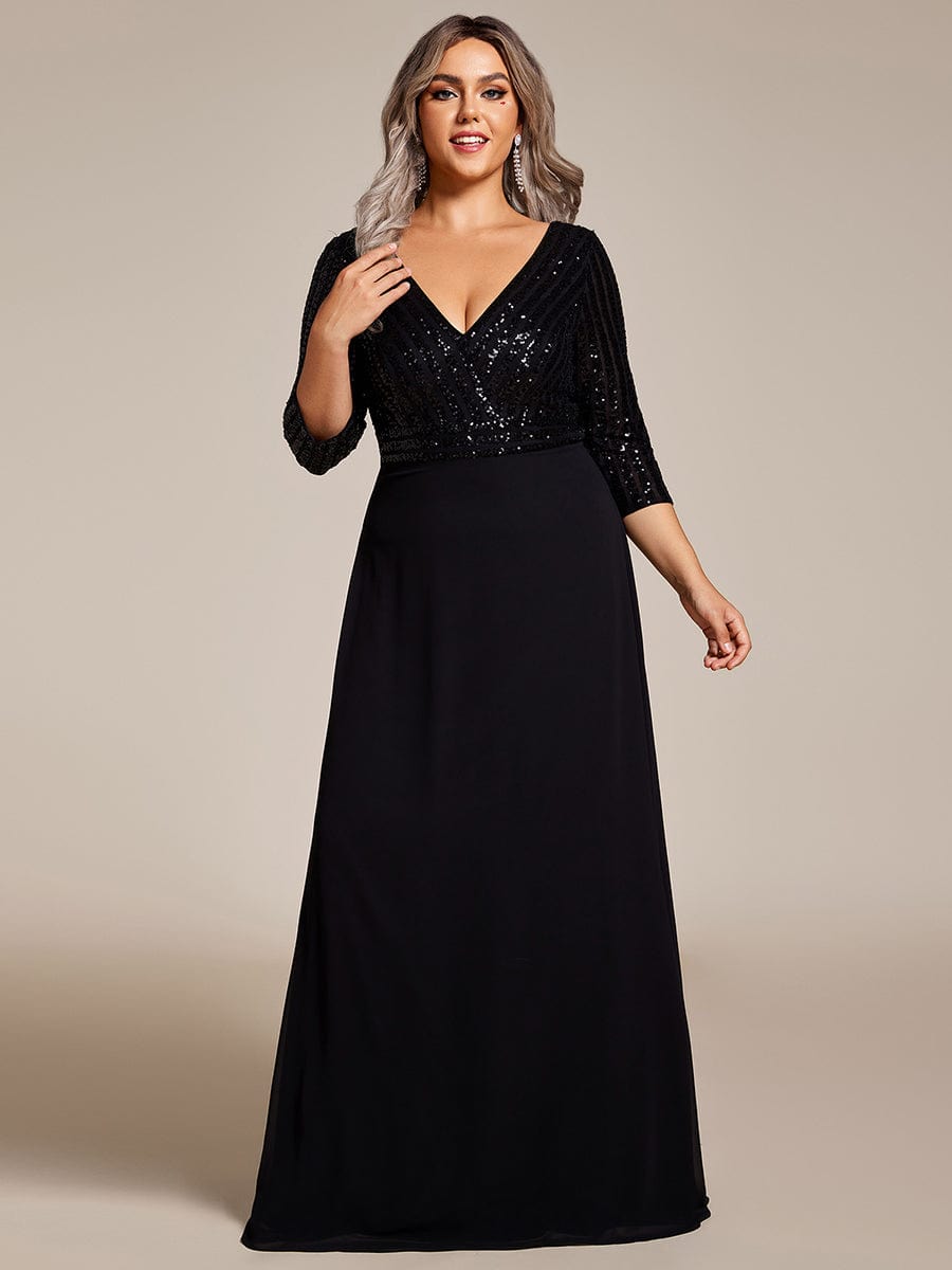Plus Size Sexy V Neck A-Line Sequin Evening Dress with Sleeve #color_Black