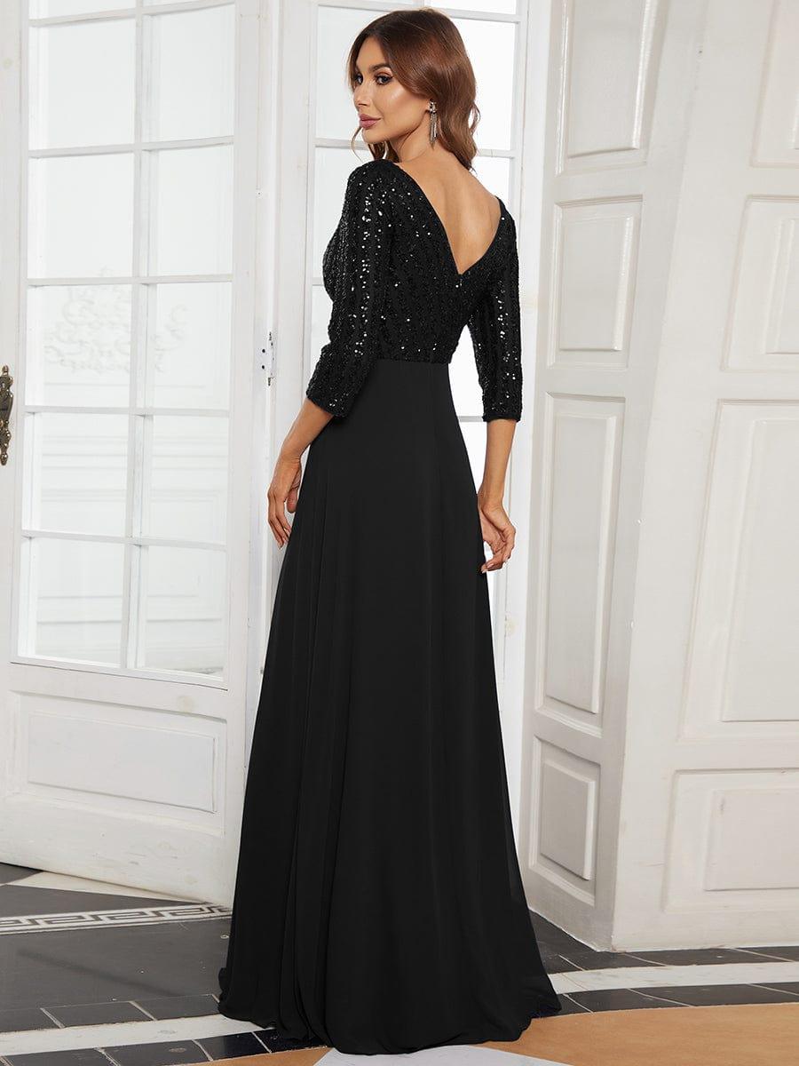 Sexy V Neck A-Line Sequin Evening Dresses with 3/4 Sleeve #color_Black