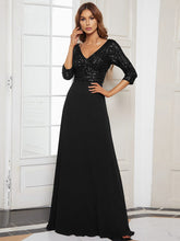 Sexy V Neck A-Line Sequin Evening Dresses with 3/4 Sleeve #color_Black