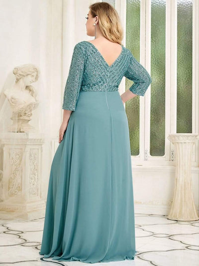 Plus Size Sexy V Neck A-Line Sequin Evening Dress with Sleeve #color_Light Teal