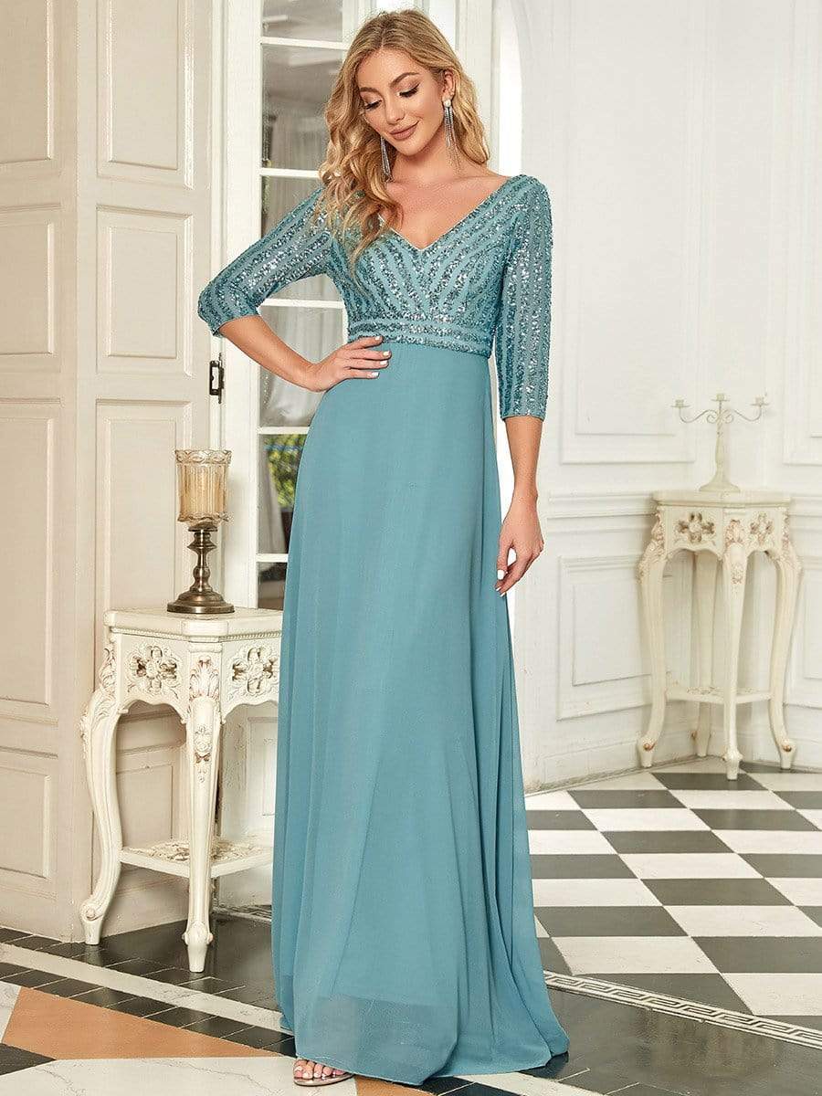 Sexy V Neck A-Line Sequin Evening Dresses with 3/4 Sleeve