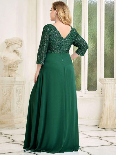 Plus Size Sexy V Neck A-Line Sequin Evening Dress with Sleeve #color_Dark Green