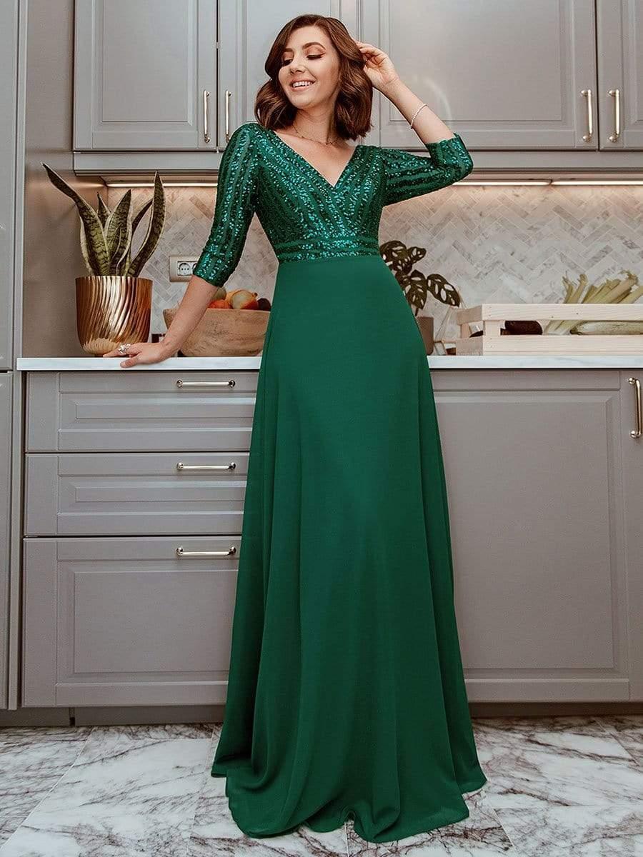 Sexy V Neck A-Line Sequin Evening Dresses with 3/4 Sleeve #color_Dark Green