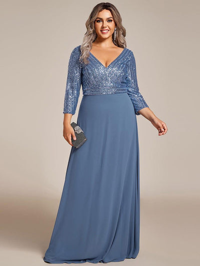Plus Size Sexy V Neck A-Line Sequin Evening Dress with Sleeve #color_Dusty Blue