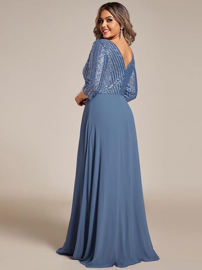 Plus Size Sexy V Neck A-Line Sequin Evening Dress with Sleeve #color_Dusty Blue