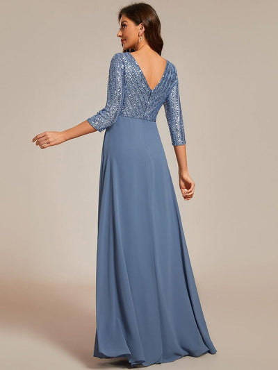 Sexy V Neck A-Line Sequin Evening Dresses with 3/4 Sleeve #color_Dusty Blue