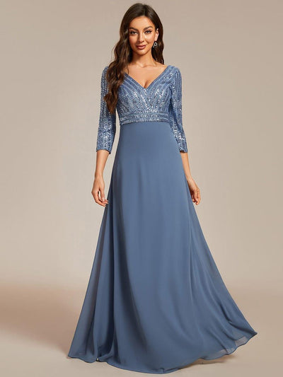 Sexy V Neck A-Line Sequin Evening Dresses with 3/4 Sleeve #color_Dusty Blue