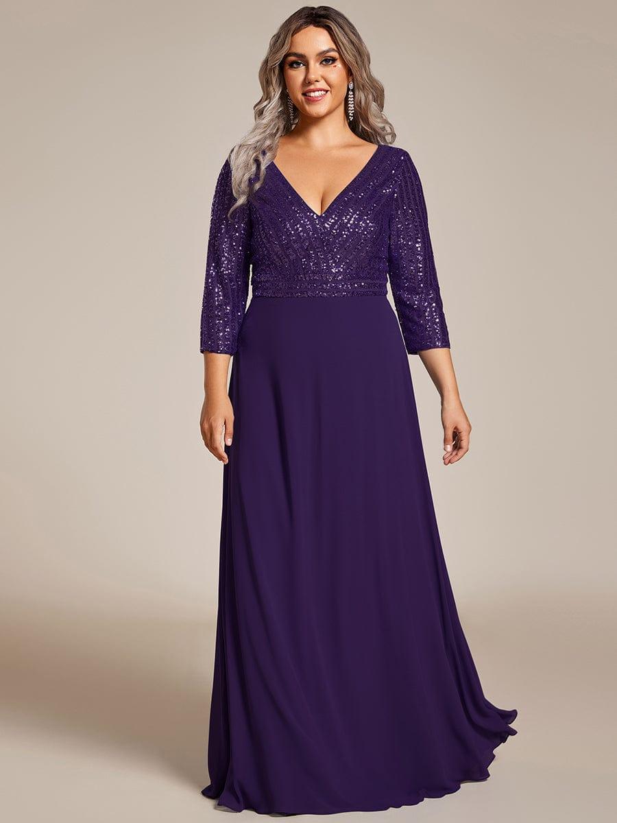 Plus Size Sexy V Neck A-Line Sequin Evening Dress with Sleeve