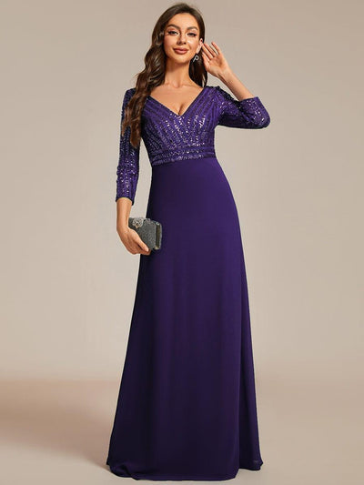 Sexy V Neck A-Line Sequin Evening Dresses with 3/4 Sleeve #color_Dark Purple